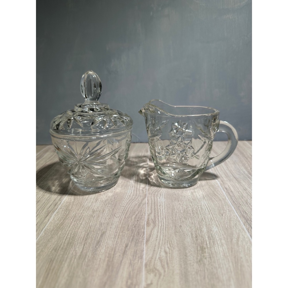 Crystal Clear Starburst Sugar Bowl Creamer Set Vintage Glass Serving Set
